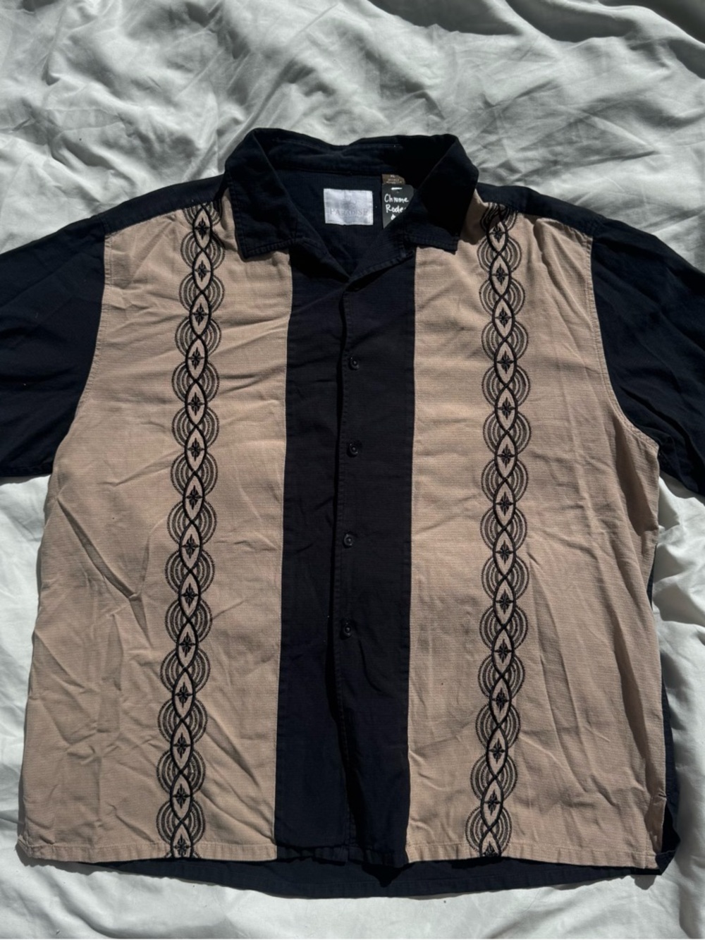 Black and tan embroidered Hawaiian shirt